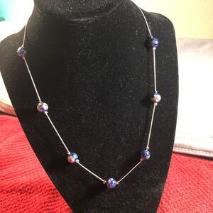 18 inch silver with blue floral glass beads